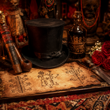 Voodoo altar artwork featuring Papa Legba staff and pipe, Baron Samedi top hat and rum, Erzulie Dantor knife and roses, veve sigils, blue flame lamp, coins, herbs, and dark candlelit mystical atmosphere.