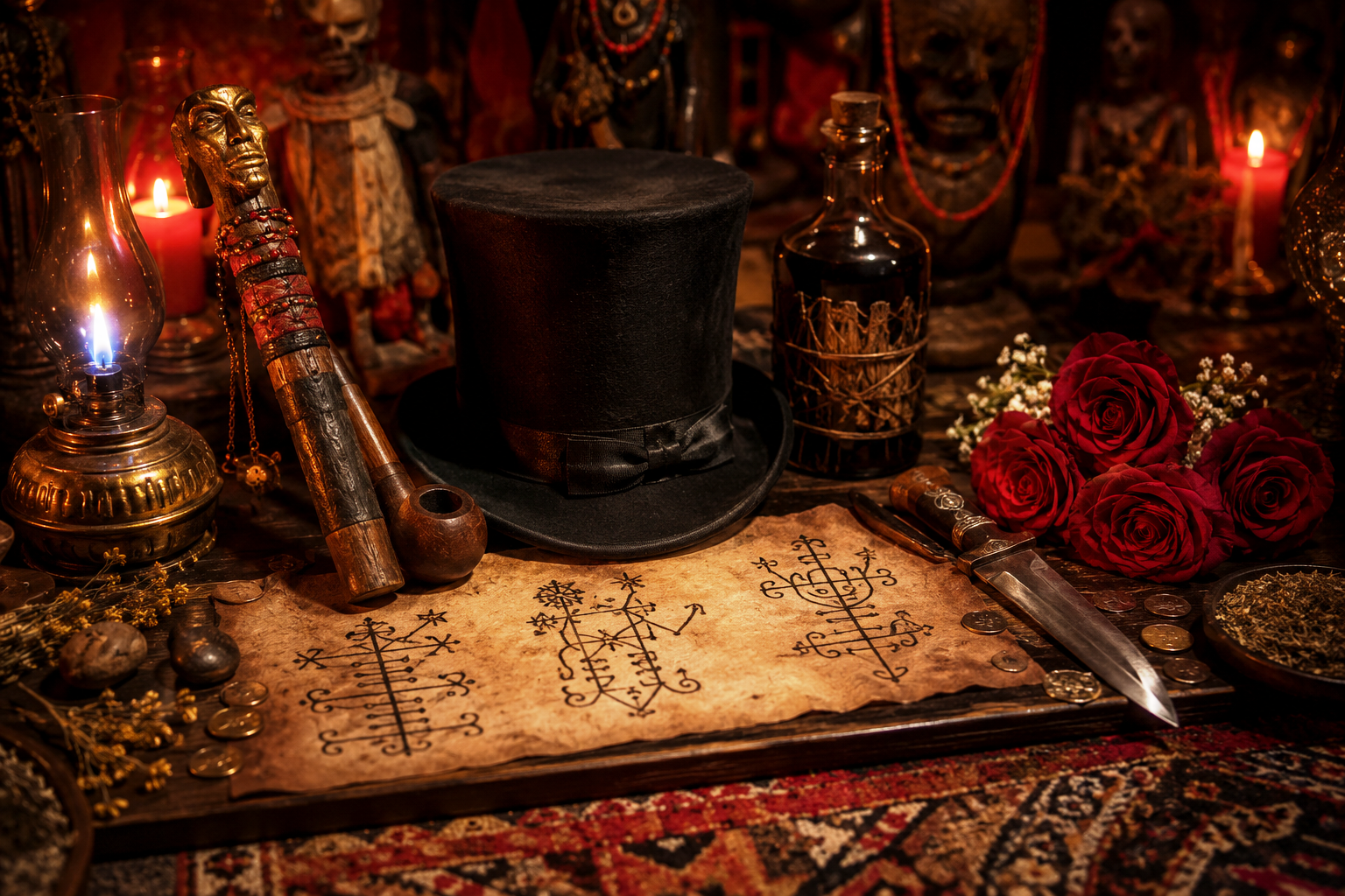 Voodoo altar artwork featuring Papa Legba staff and pipe, Baron Samedi top hat and rum, Erzulie Dantor knife and roses, veve sigils, blue flame lamp, coins, herbs, and dark candlelit mystical atmosphere.